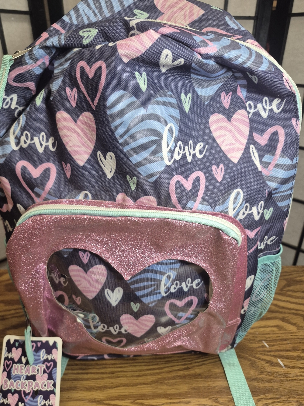 Pink Glitter HeartbPrint Backpack with Pink Glitter Front Pocket - Unbranded